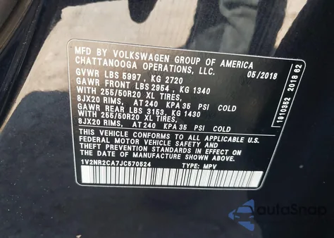 2018 Volkswagen Atlas 3.6L V6 Sel Premium из США, поврежденный, VIN 1V2NR2CA7JC570524